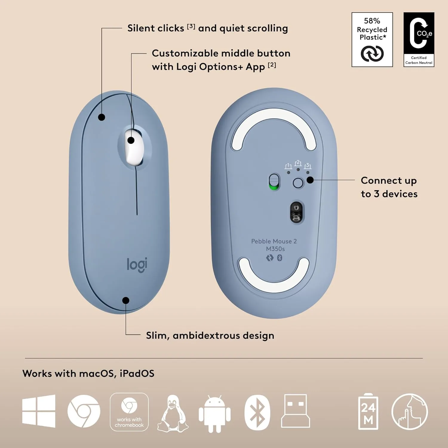 Logitech Bluetooth Keyboard Mouse Combo Pebble 2 Blue view 4